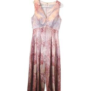 TS COUTURE Pink White Floral LONG Formal DRESS V Neck Lined High Front Slit Sz 4